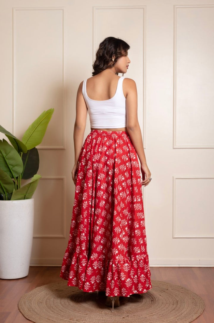 RANG MALHAAR RED HAND BLOCK PRINT SKIRT - Pomcha Jaipur
