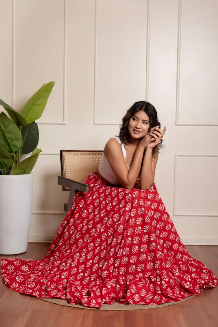 RANG MALHAAR RED HAND BLOCK PRINT SKIRT - Pomcha Jaipur