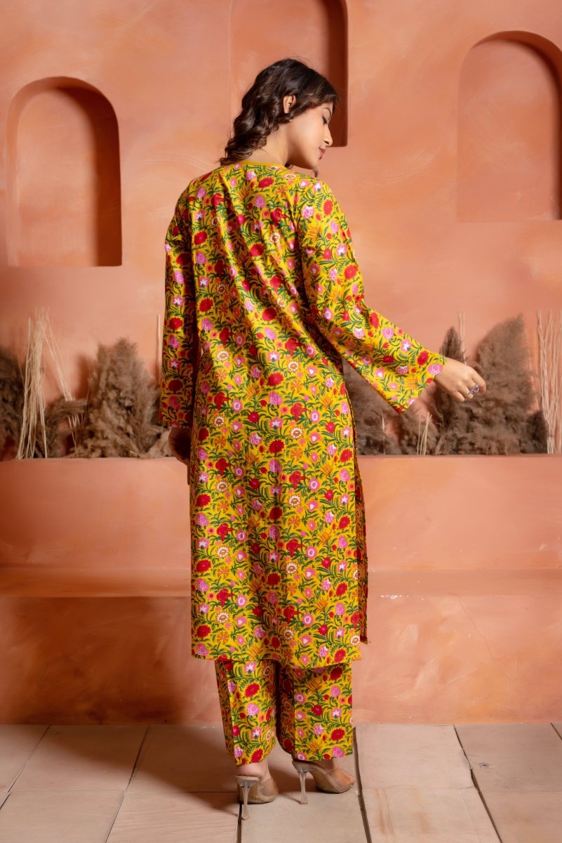 RANG MALHAAR ROSHNI YELLOW HAND BLOCK CO - ORD SET - Pomcha Jaipur