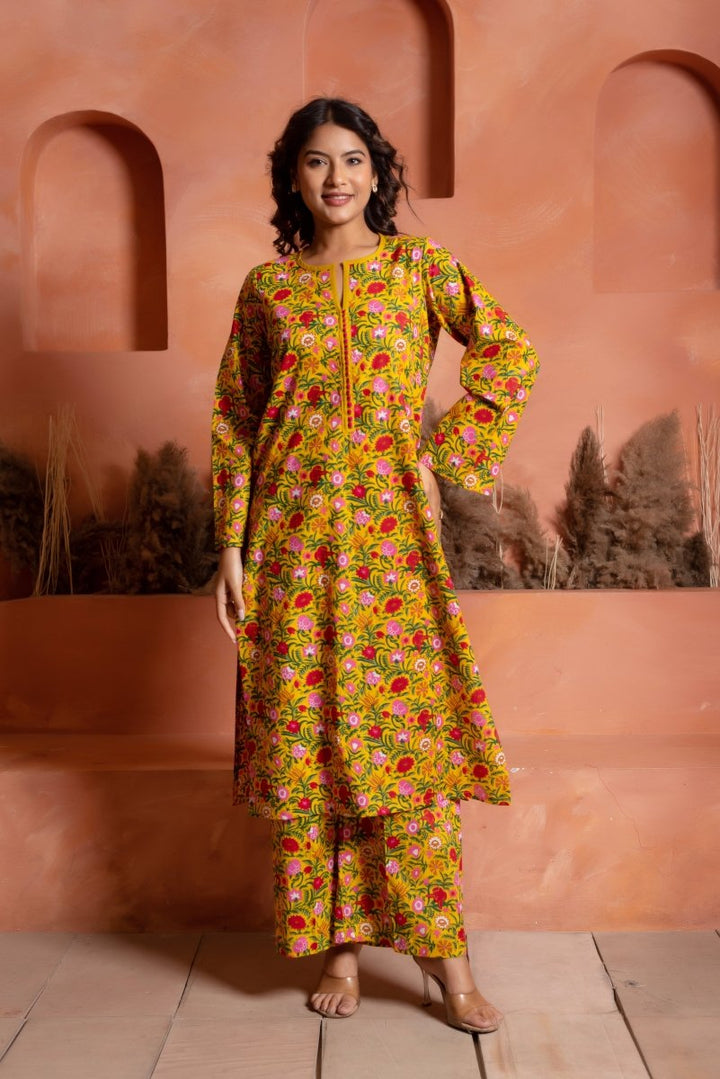 RANG MALHAAR ROSHNI YELLOW HAND BLOCK CO - ORD SET - Pomcha Jaipur