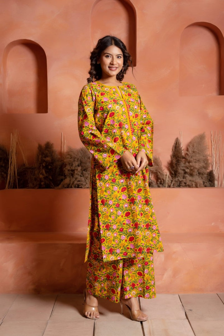 RANG MALHAAR ROSHNI YELLOW HAND BLOCK CO - ORD SET - Pomcha Jaipur