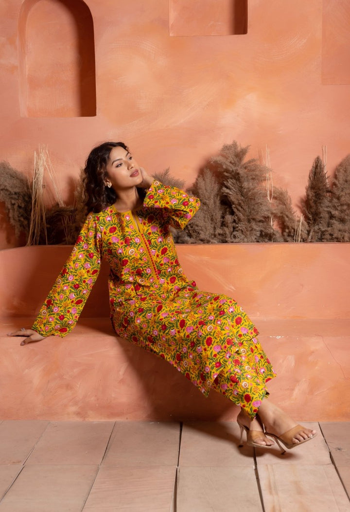 RANG MALHAAR ROSHNI YELLOW HAND BLOCK CO - ORD SET - Pomcha Jaipur