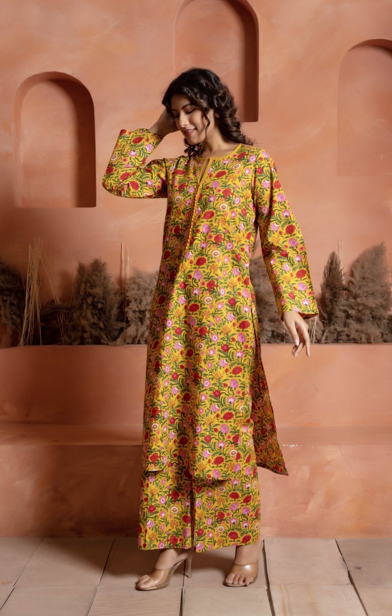 RANG MALHAAR ROSHNI YELLOW HAND BLOCK CO - ORD SET - Pomcha Jaipur