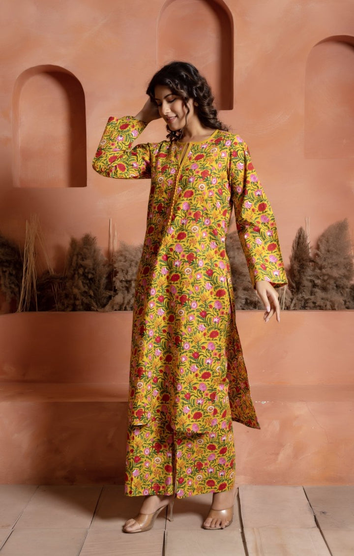 RANG MALHAAR ROSHNI YELLOW HAND BLOCK CO - ORD SET - Pomcha Jaipur