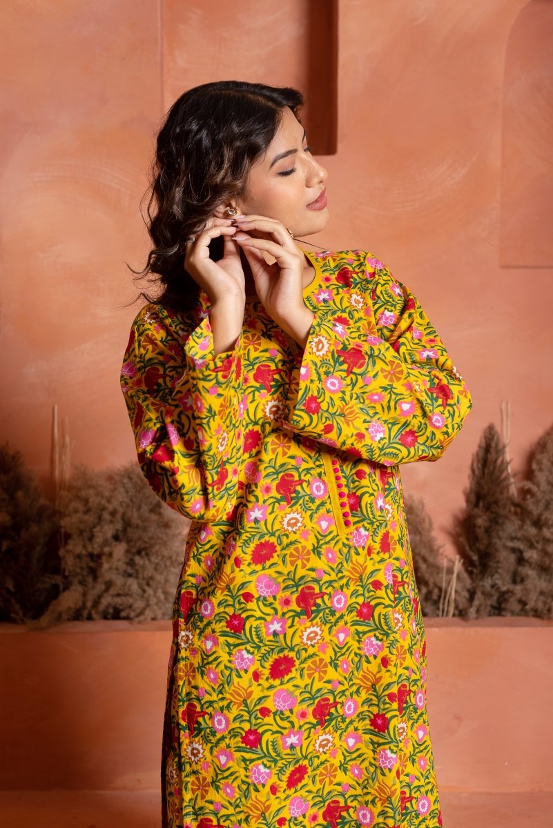 RANG MALHAAR ROSHNI YELLOW HAND BLOCK CO - ORD SET - Pomcha Jaipur