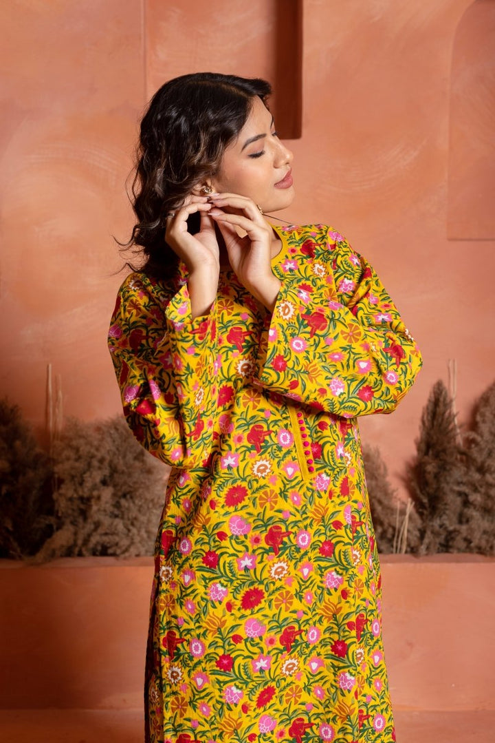 RANG MALHAAR ROSHNI YELLOW HAND BLOCK CO - ORD SET - Pomcha Jaipur
