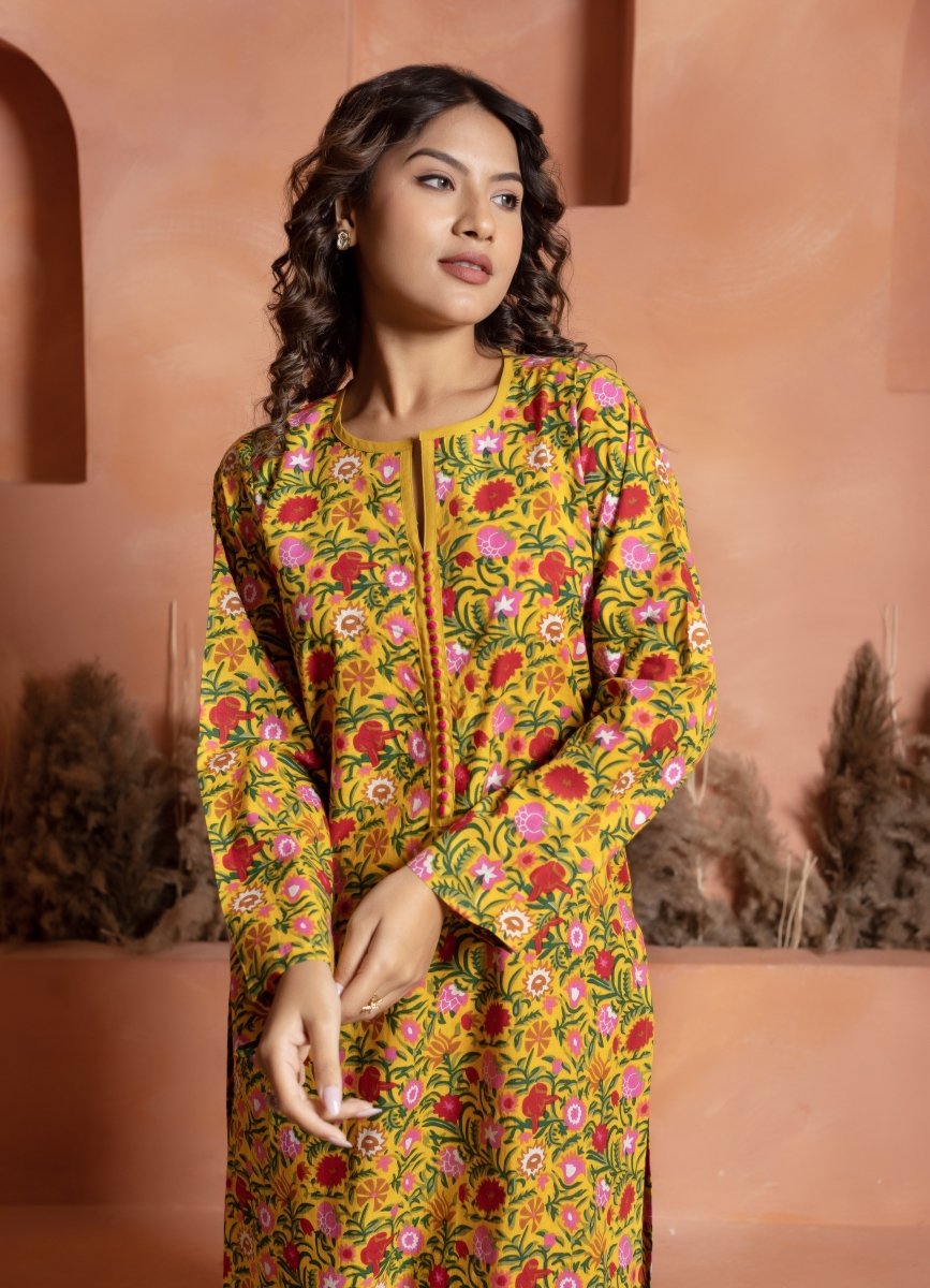 RANG MALHAAR ROSHNI YELLOW HAND BLOCK CO - ORD SET - Pomcha Jaipur