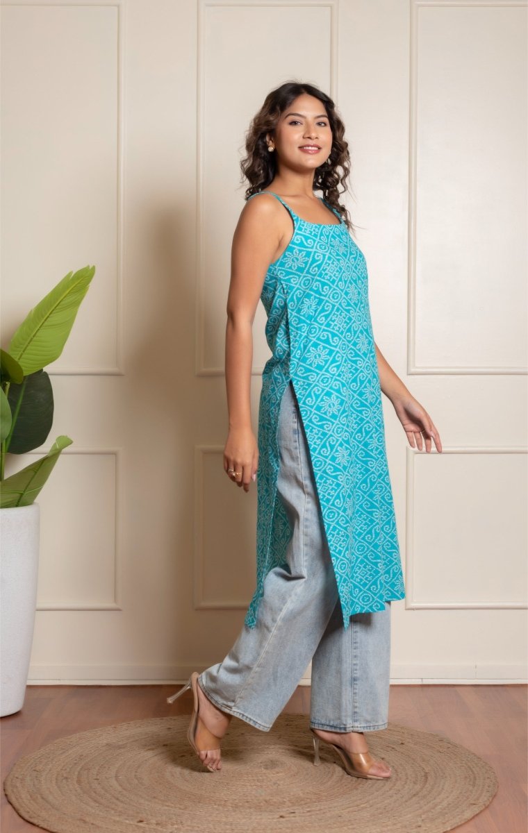 RANG MALHAR BANDHEJ BLUE KURTI - Pomcha Jaipur