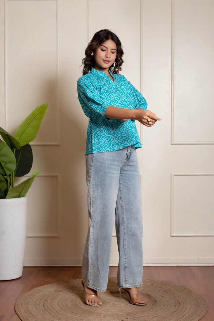 RANG MALHAR BANDHEJ BLUE TOP - Pomcha Jaipur