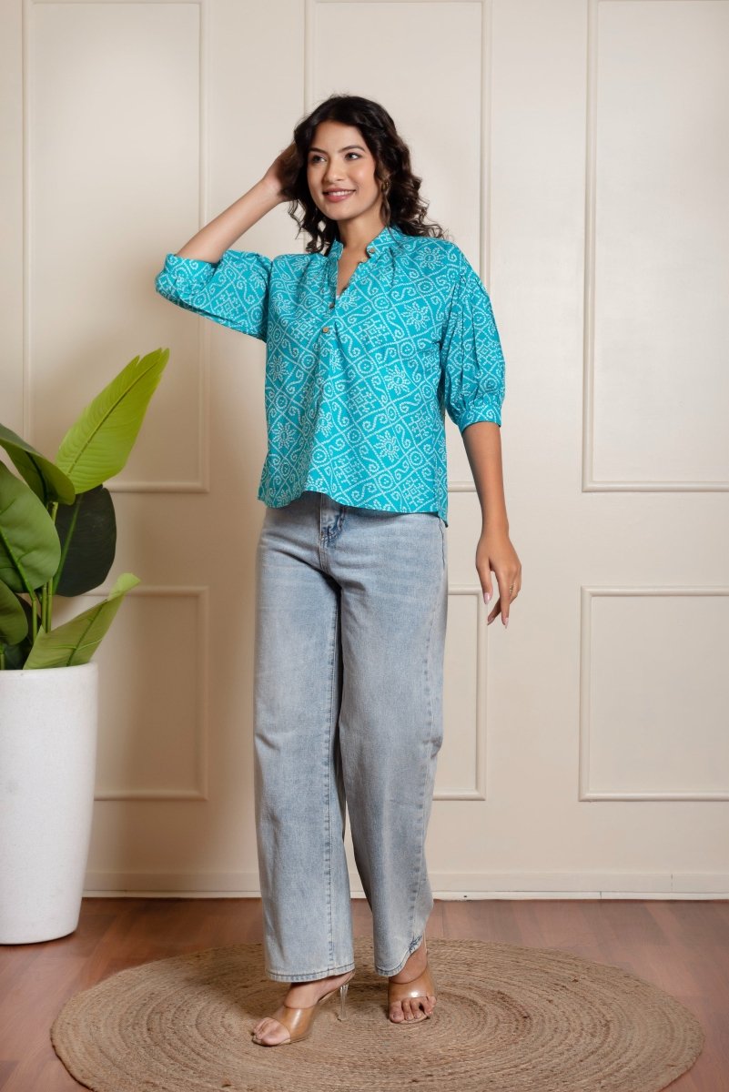 RANG MALHAR BANDHEJ BLUE TOP - Pomcha Jaipur