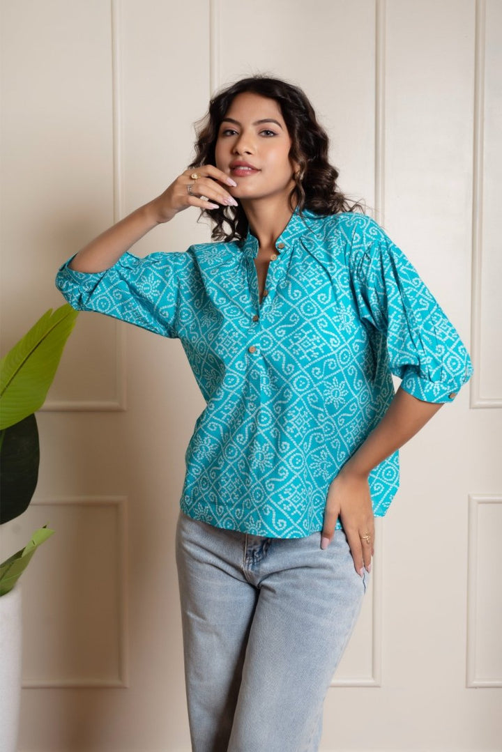 RANG MALHAR BANDHEJ BLUE TOP - Pomcha Jaipur