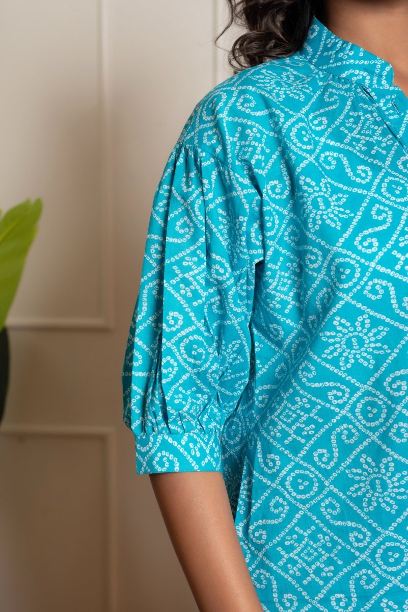 RANG MALHAR BANDHEJ BLUE TOP - Pomcha Jaipur
