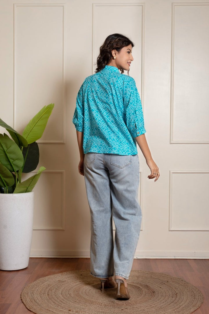 RANG MALHAR BANDHEJ BLUE TOP - Pomcha Jaipur