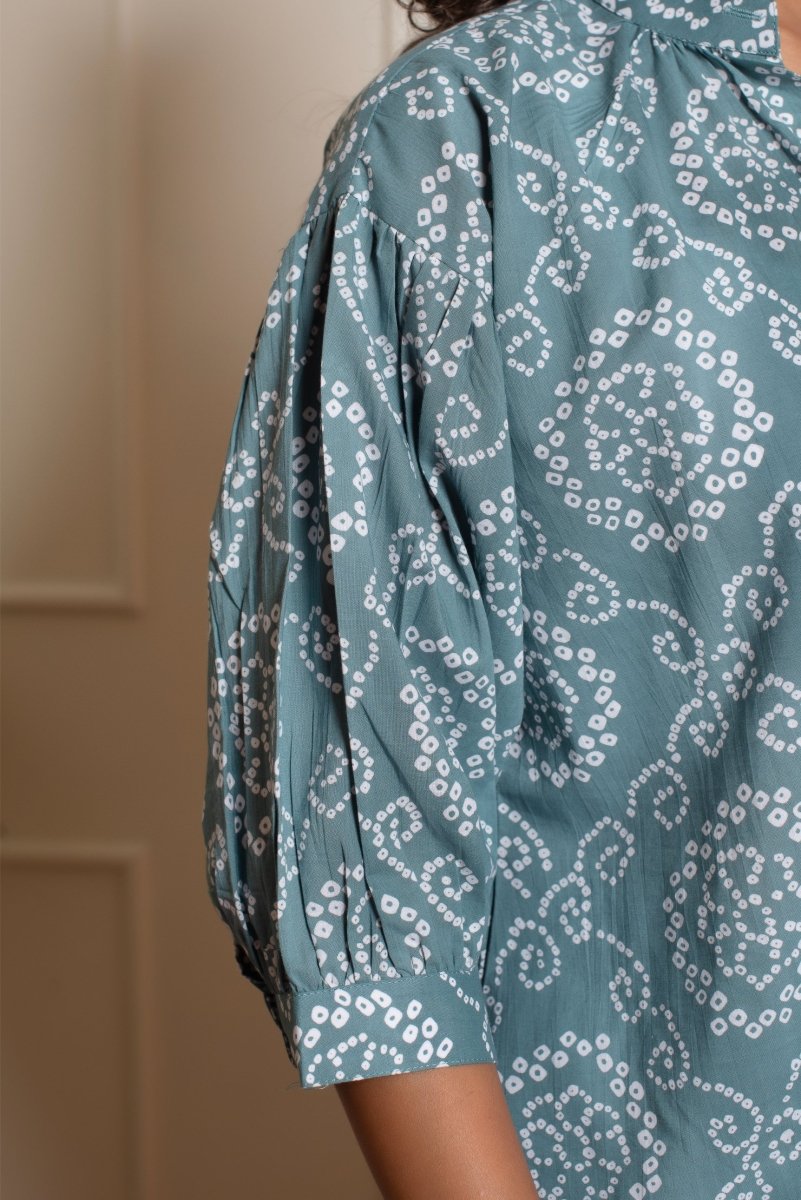 RANG MALHAR BANDHEJ DUSKY BLUE TOP - Pomcha Jaipur