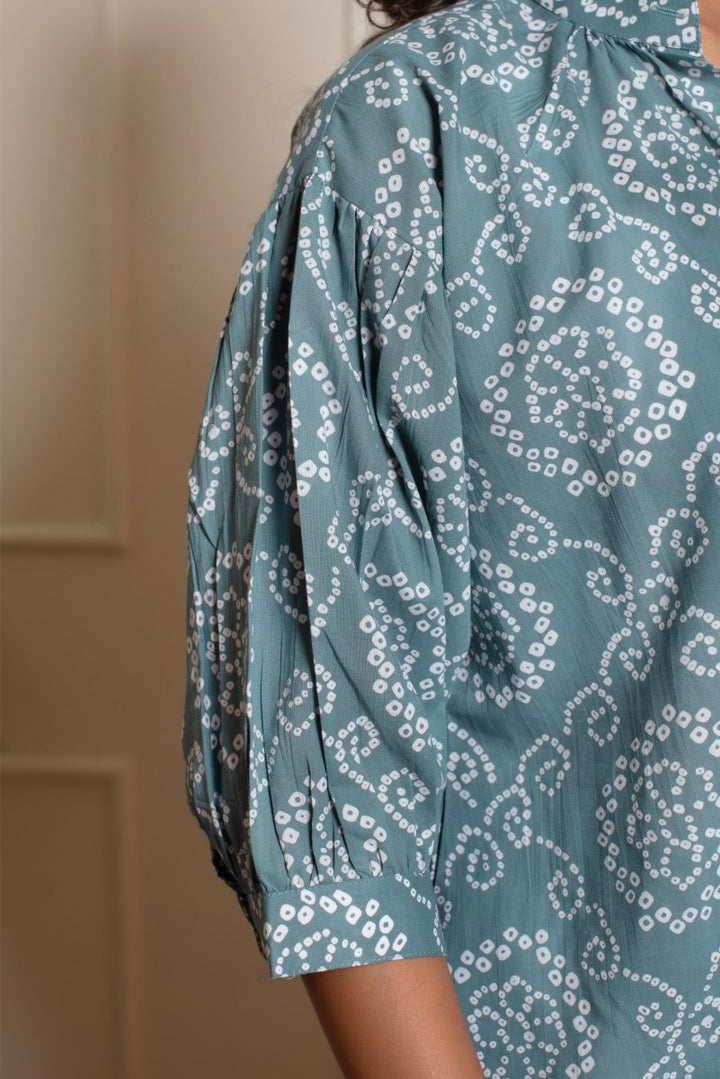 RANG MALHAR BANDHEJ DUSKY BLUE TOP - Pomcha Jaipur