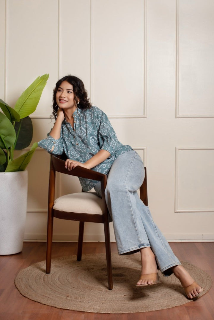 RANG MALHAR BANDHEJ DUSKY BLUE TOP - Pomcha Jaipur