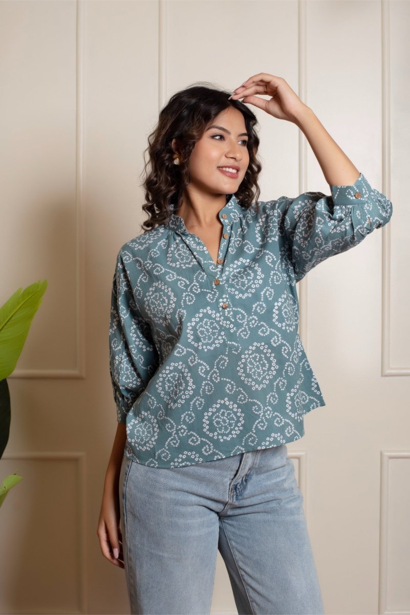 RANG MALHAR BANDHEJ DUSKY BLUE TOP - Pomcha Jaipur