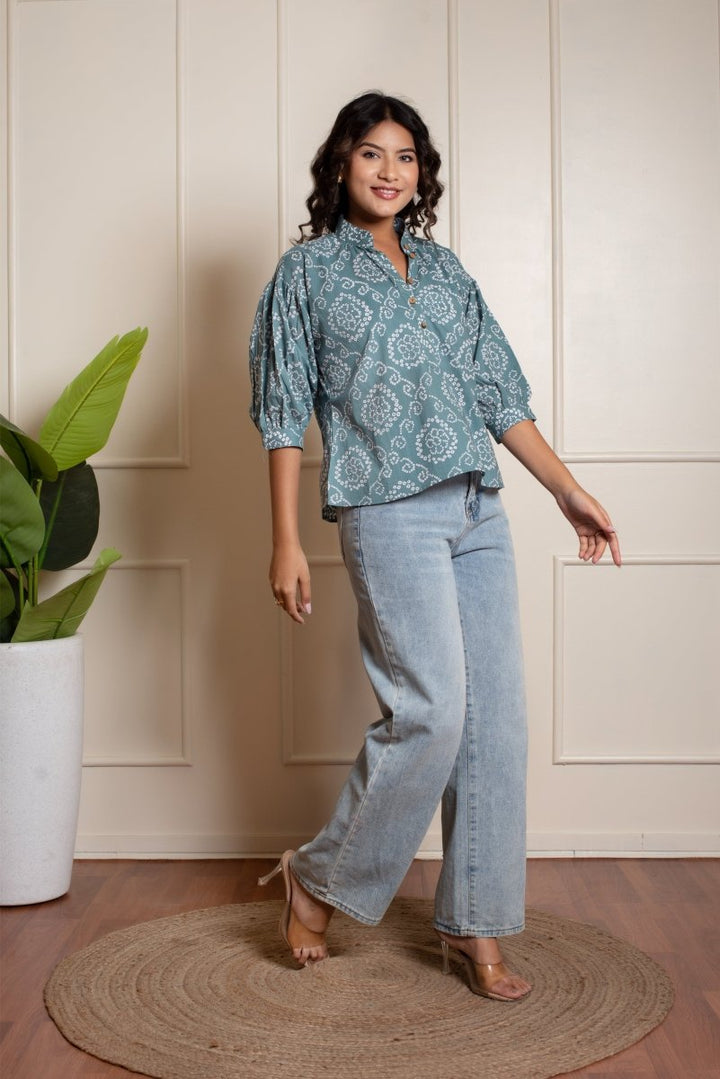 RANG MALHAR BANDHEJ DUSKY BLUE TOP - Pomcha Jaipur