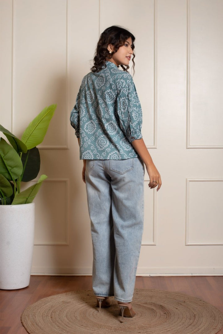 RANG MALHAR BANDHEJ DUSKY BLUE TOP - Pomcha Jaipur