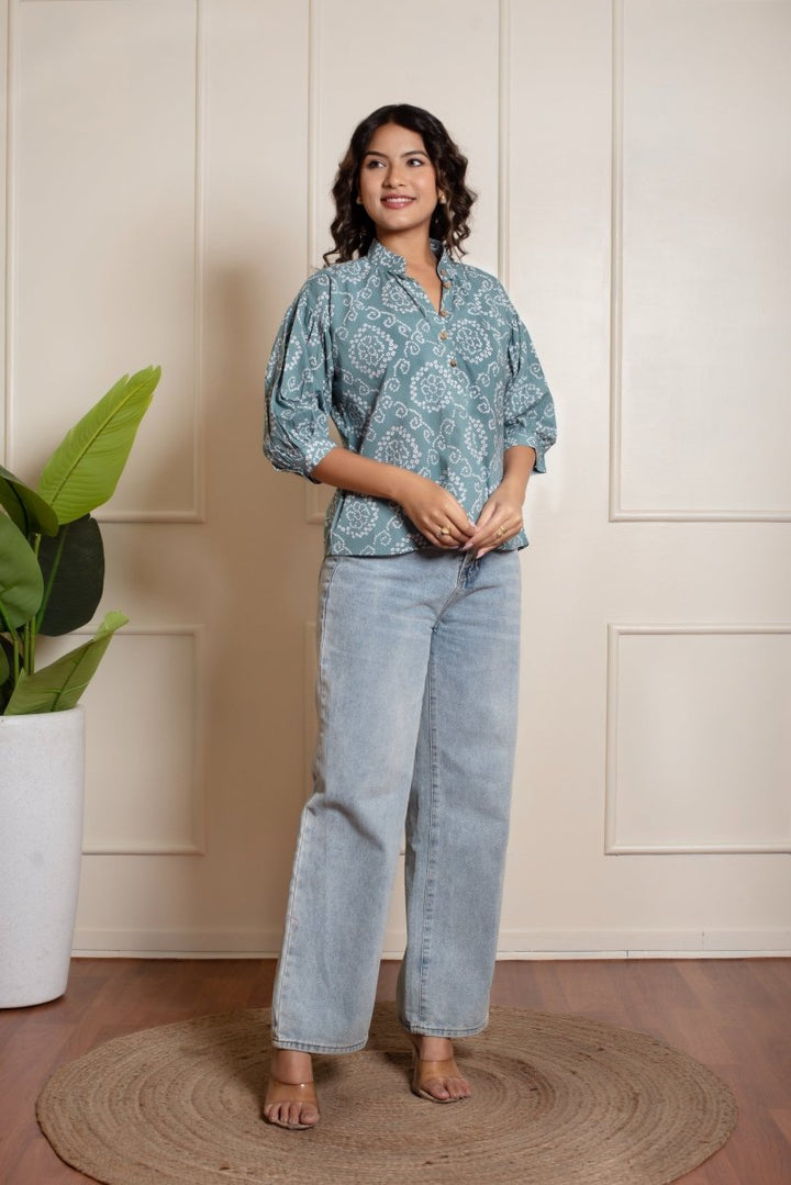 RANG MALHAR BANDHEJ DUSKY BLUE TOP - Pomcha Jaipur