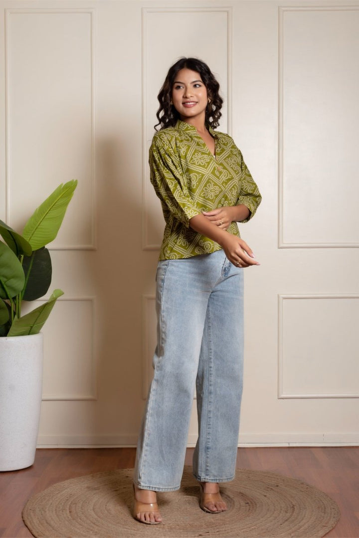 RANG MALHAR BANDHEJ MEHENDI GREEN TOP - Pomcha Jaipur