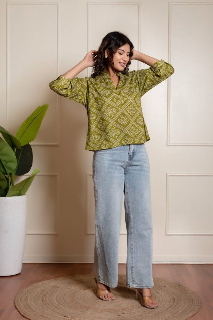 RANG MALHAR BANDHEJ MEHENDI GREEN TOP - Pomcha Jaipur