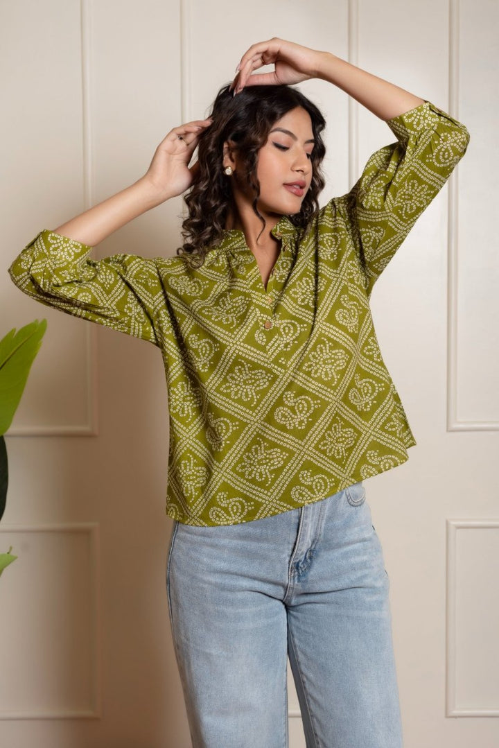 RANG MALHAR BANDHEJ MEHENDI GREEN TOP - Pomcha Jaipur
