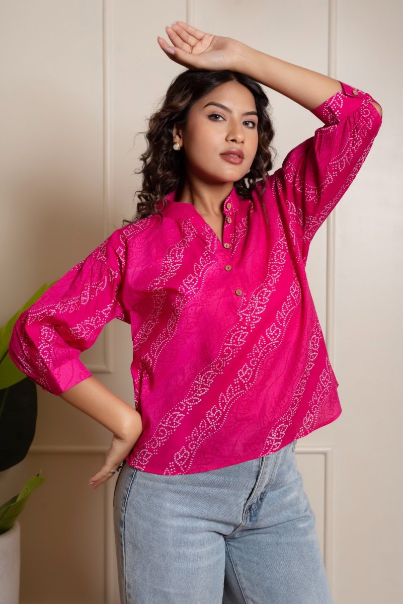 RANG MALHAR BANDHEJ PINK TOP - Pomcha Jaipur