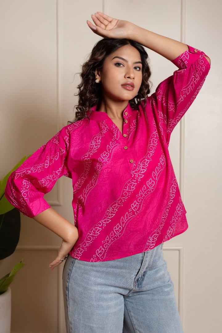 RANG MALHAR BANDHEJ PINK TOP - Pomcha Jaipur
