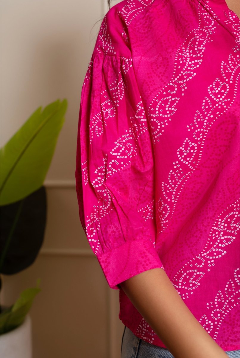 RANG MALHAR BANDHEJ PINK TOP - Pomcha Jaipur