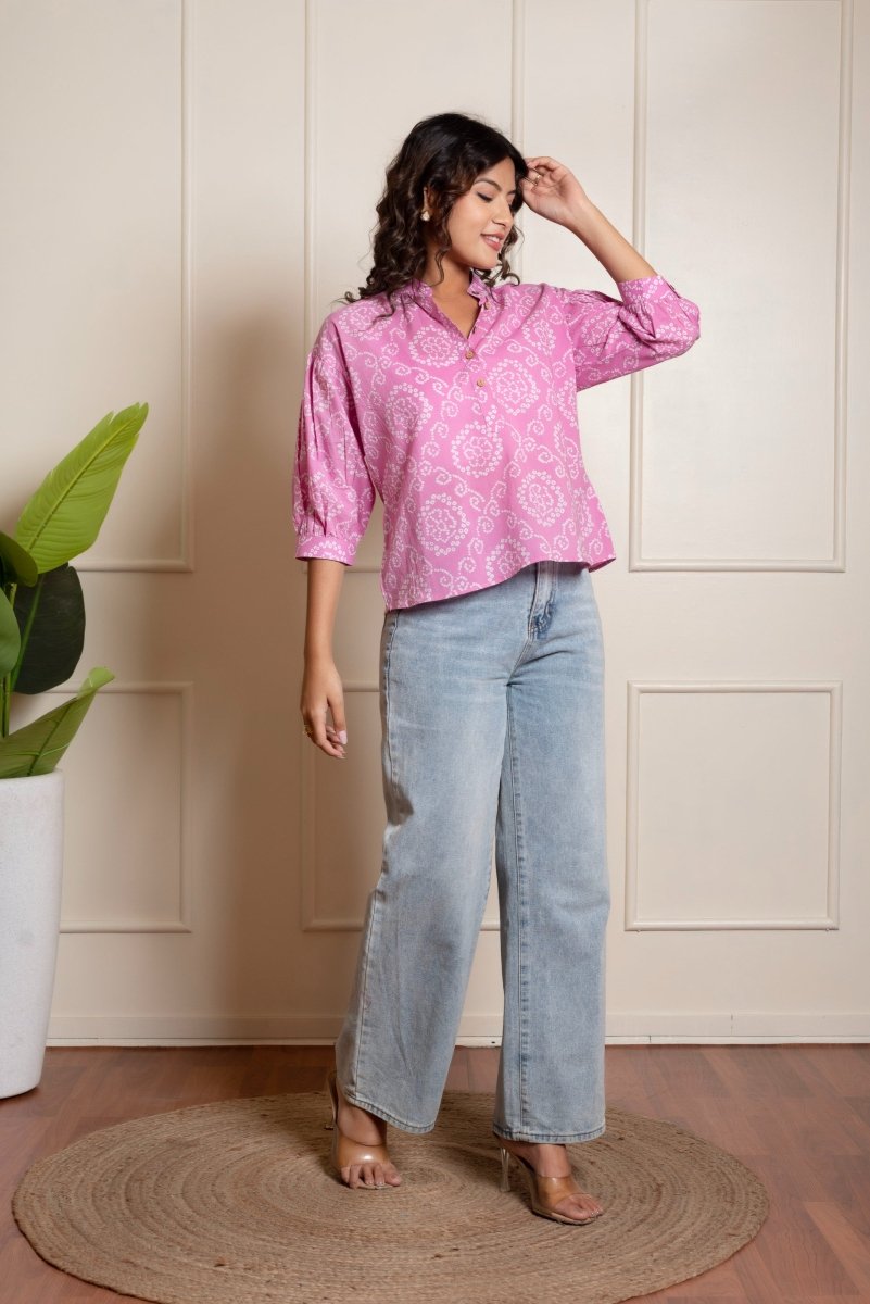 RANG MALHAR BANDHEJ PINK TOP - Pomcha Jaipur