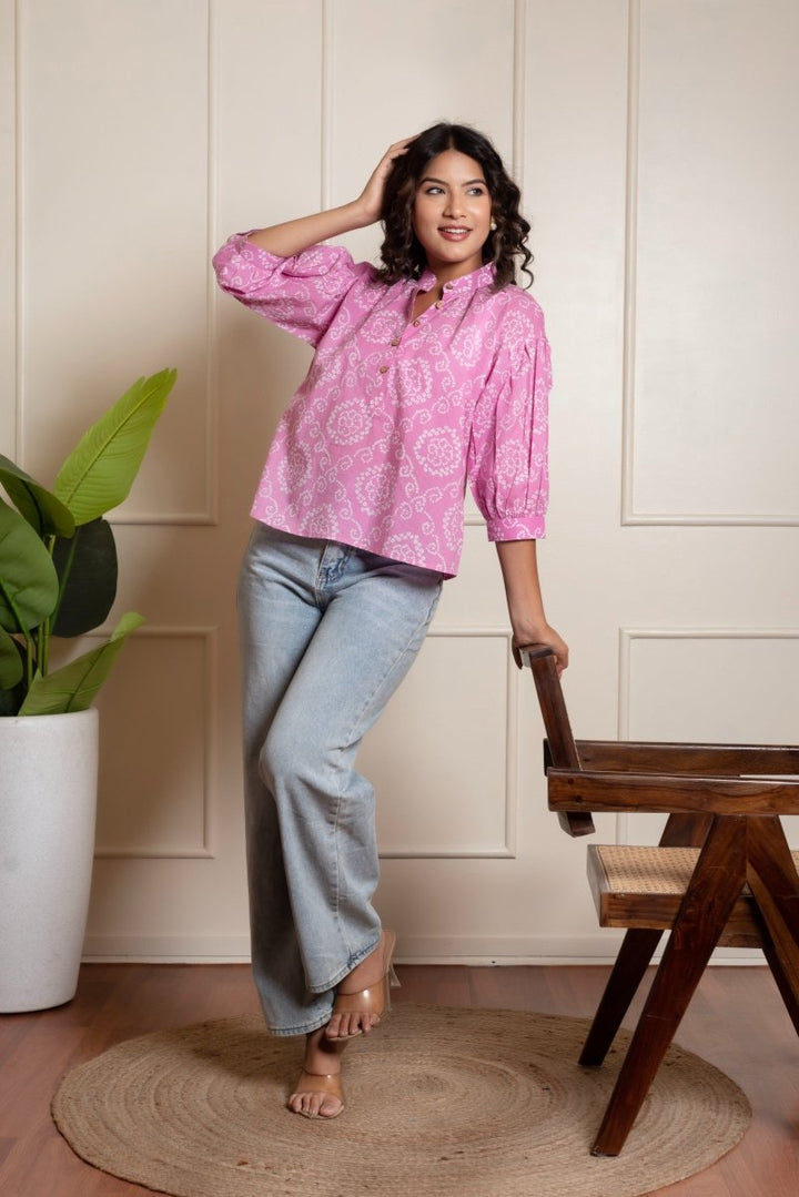 RANG MALHAR BANDHEJ PINK TOP - Pomcha Jaipur