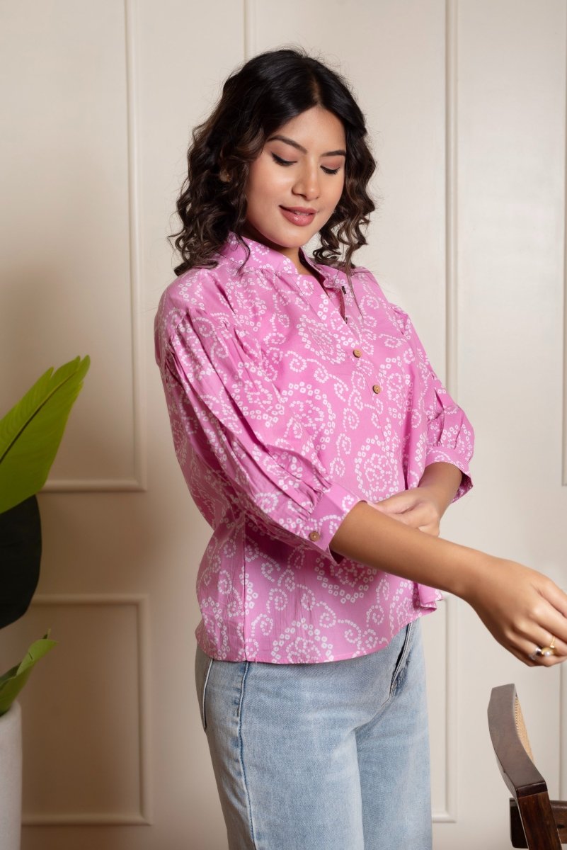 RANG MALHAR BANDHEJ PINK TOP - Pomcha Jaipur