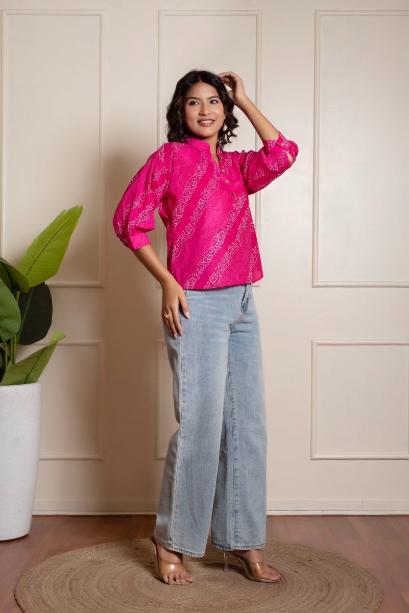 RANG MALHAR BANDHEJ PINK TOP - Pomcha Jaipur