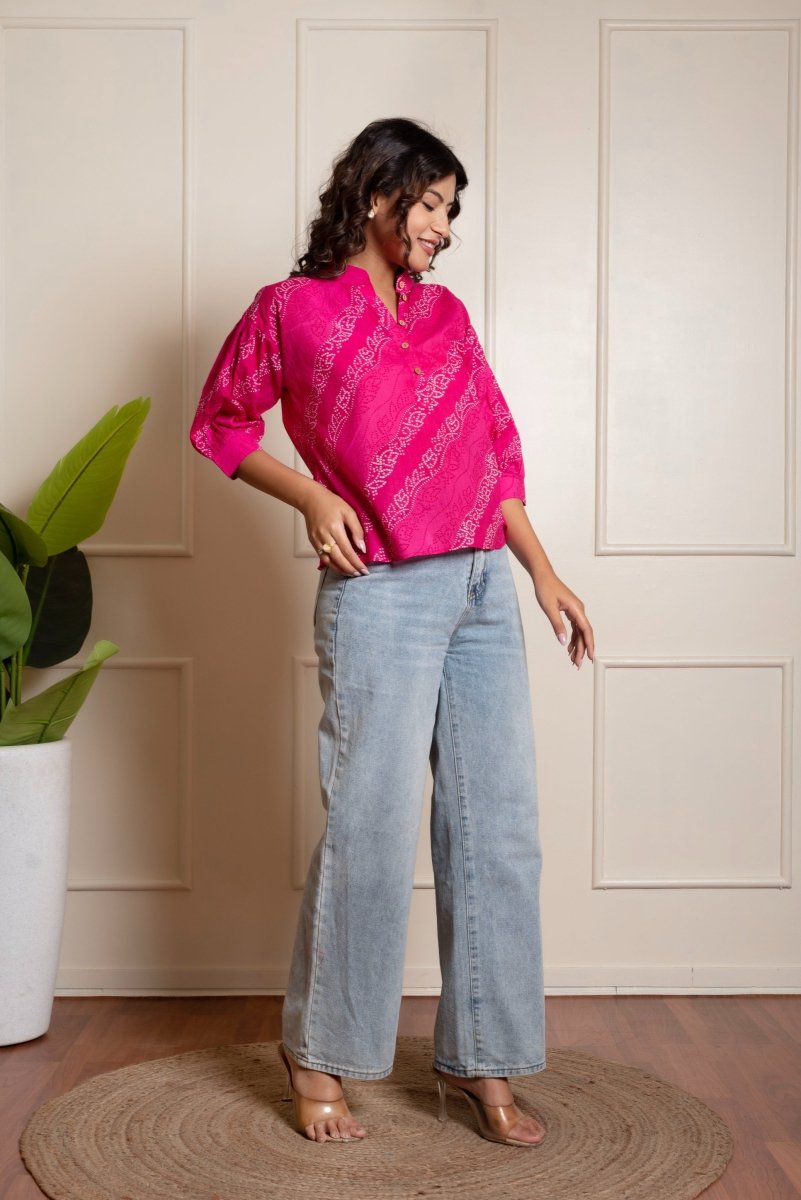 RANG MALHAR BANDHEJ PINK TOP - Pomcha Jaipur