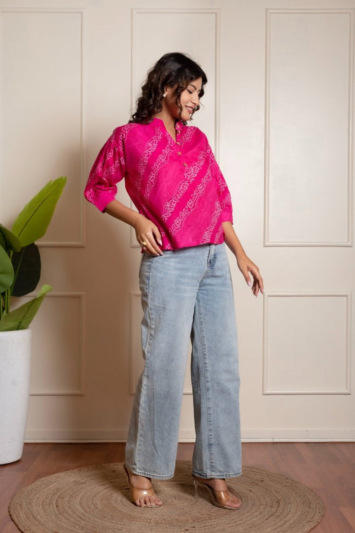 RANG MALHAR BANDHEJ PINK TOP - Pomcha Jaipur