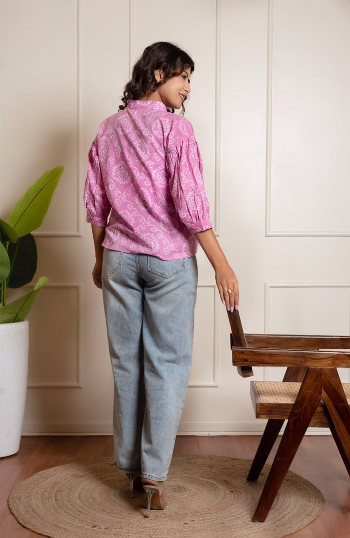 RANG MALHAR BANDHEJ PINK TOP - Pomcha Jaipur