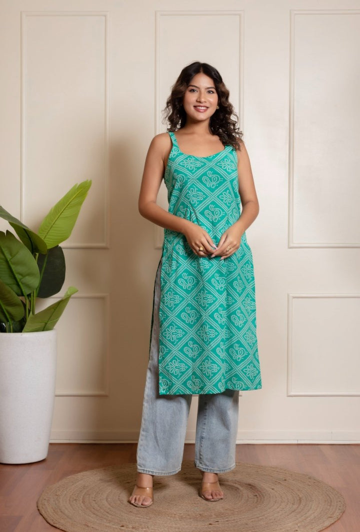 RANG MALHAR BANDHEJ TEAL BLUE KURTI SET - Pomcha Jaipur