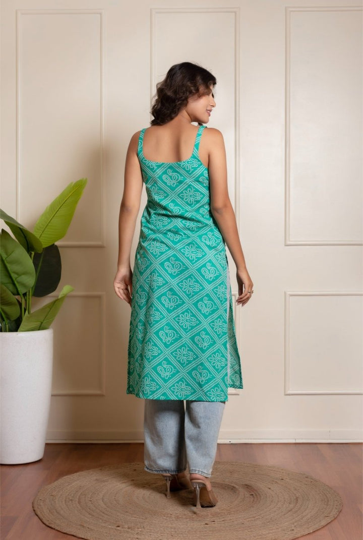 RANG MALHAR BANDHEJ TEAL BLUE KURTI SET - Pomcha Jaipur