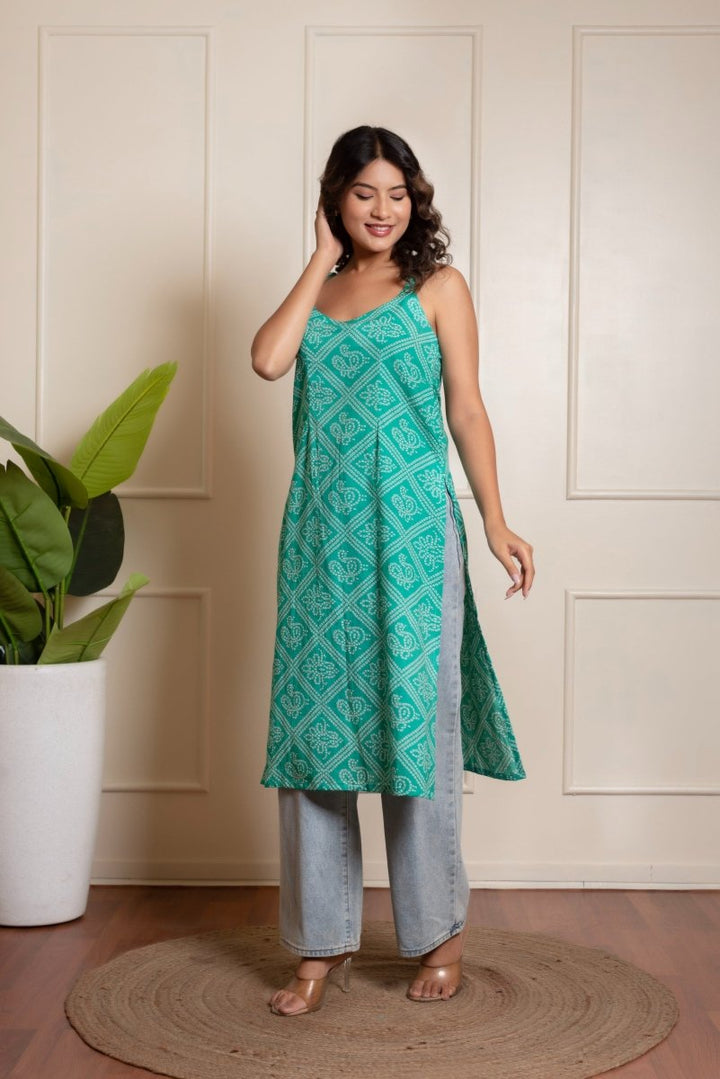 RANG MALHAR BANDHEJ TEAL BLUE KURTI SET - Pomcha Jaipur