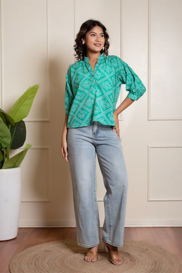 RANG MALHAR BANDHEJ TEAL BLUE TOP - Pomcha Jaipur
