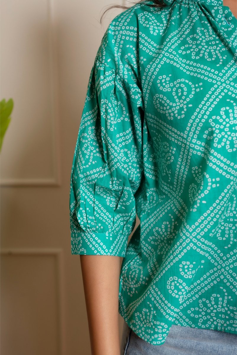 RANG MALHAR BANDHEJ TEAL BLUE TOP - Pomcha Jaipur