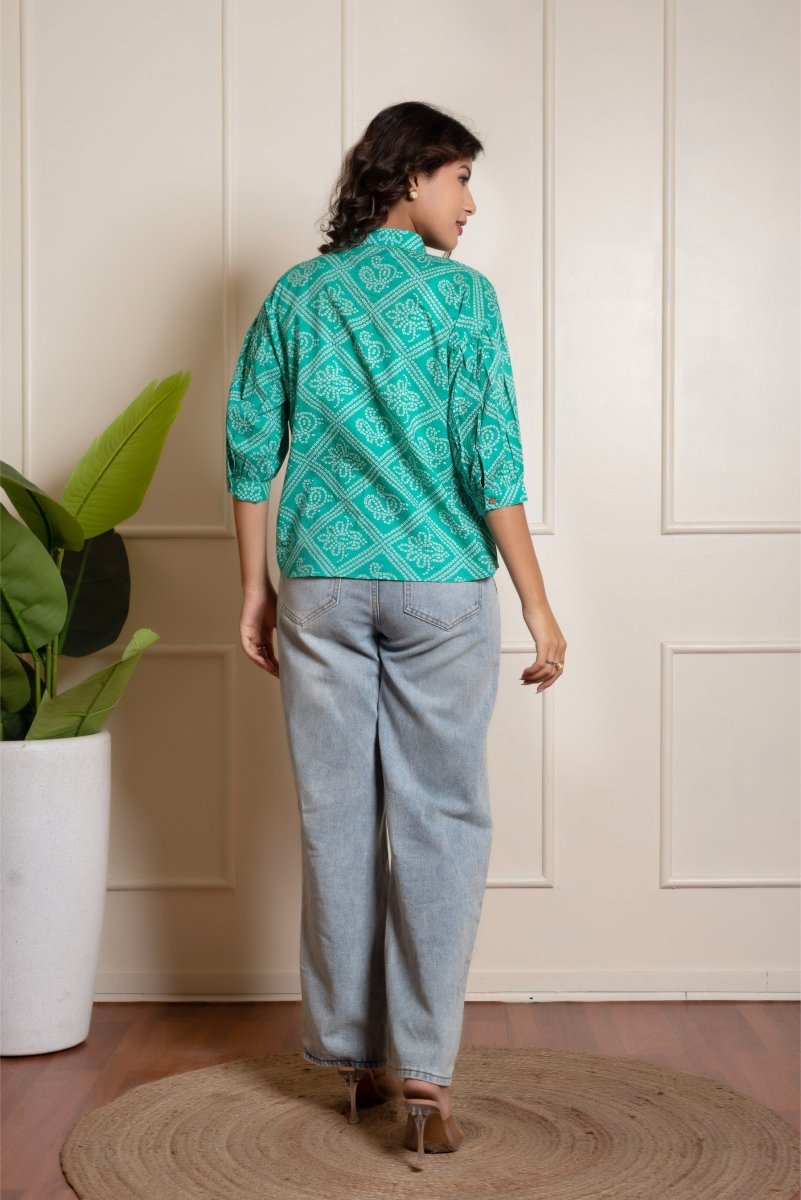 RANG MALHAR BANDHEJ TEAL BLUE TOP - Pomcha Jaipur