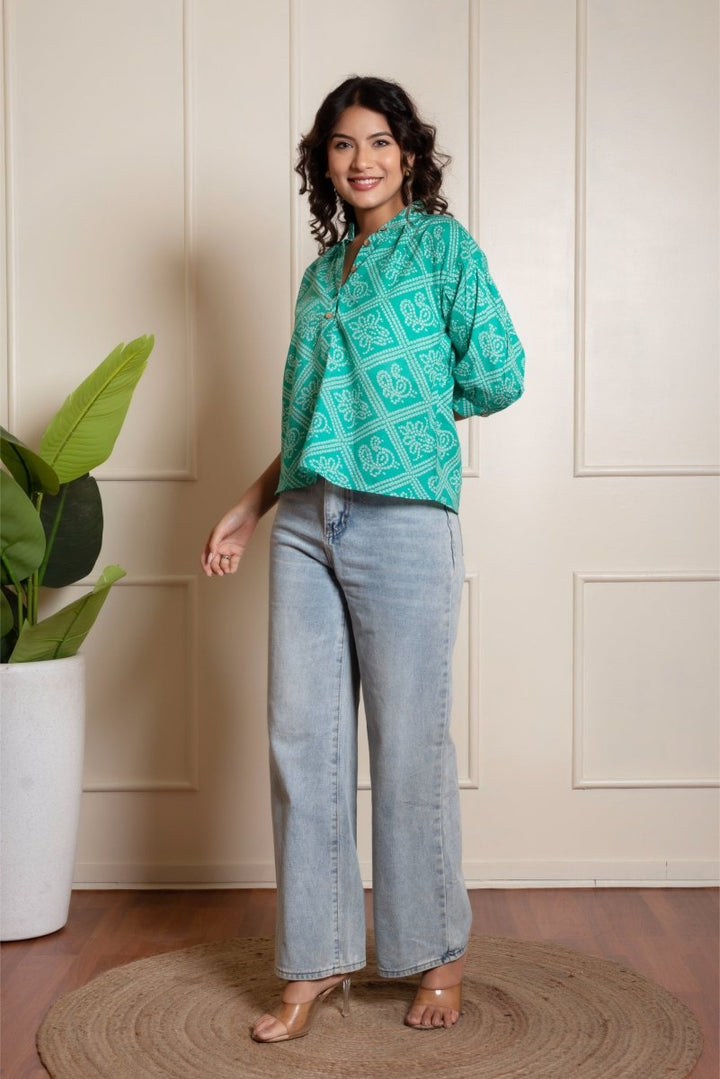 RANG MALHAR BANDHEJ TEAL BLUE TOP - Pomcha Jaipur