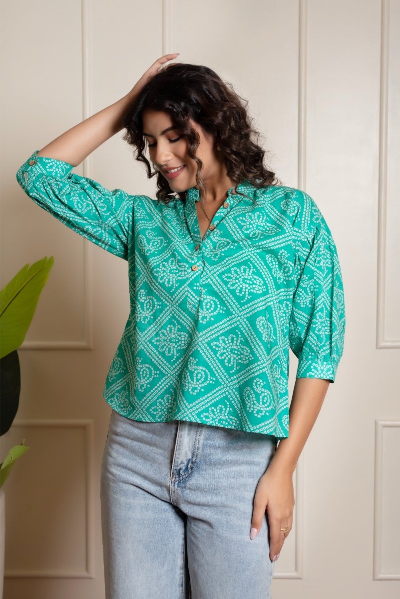 RANG MALHAR BANDHEJ TEAL BLUE TOP - Pomcha Jaipur