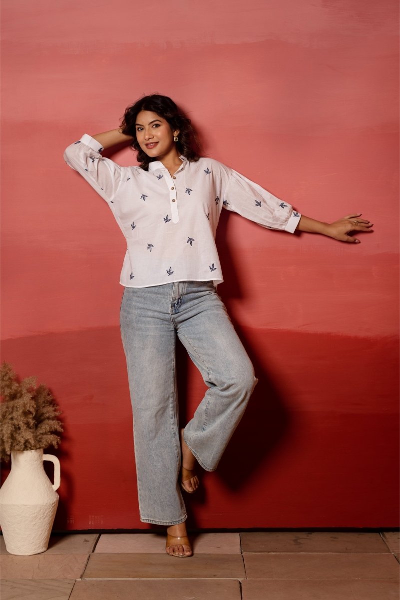 RANG MALHAR BANDHEJ WHITE BLUE EMBROIDERY TOP - Pomcha Jaipur