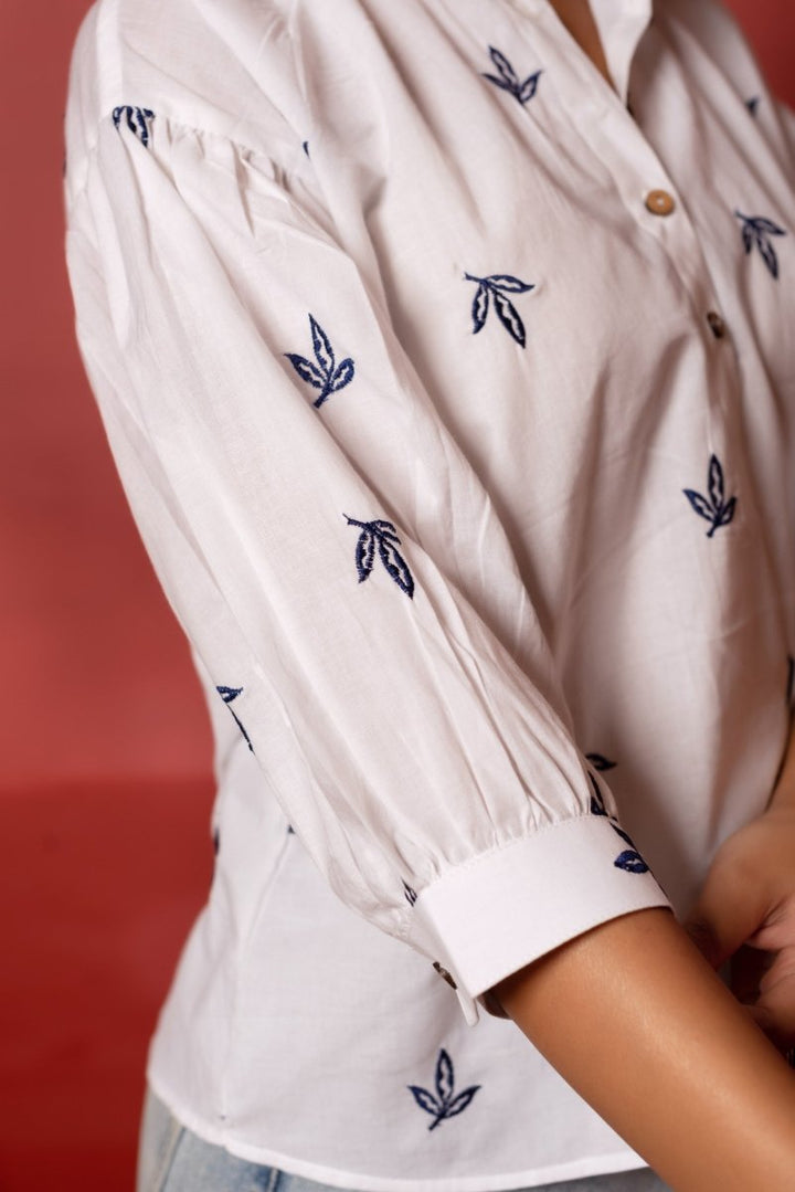 RANG MALHAR BANDHEJ WHITE BLUE EMBROIDERY TOP - Pomcha Jaipur