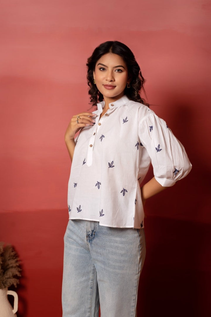 RANG MALHAR BANDHEJ WHITE BLUE EMBROIDERY TOP - Pomcha Jaipur