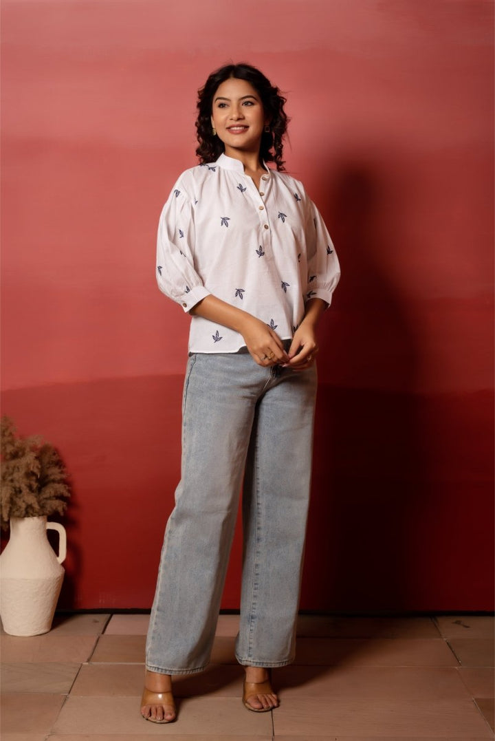 RANG MALHAR BANDHEJ WHITE BLUE EMBROIDERY TOP - Pomcha Jaipur