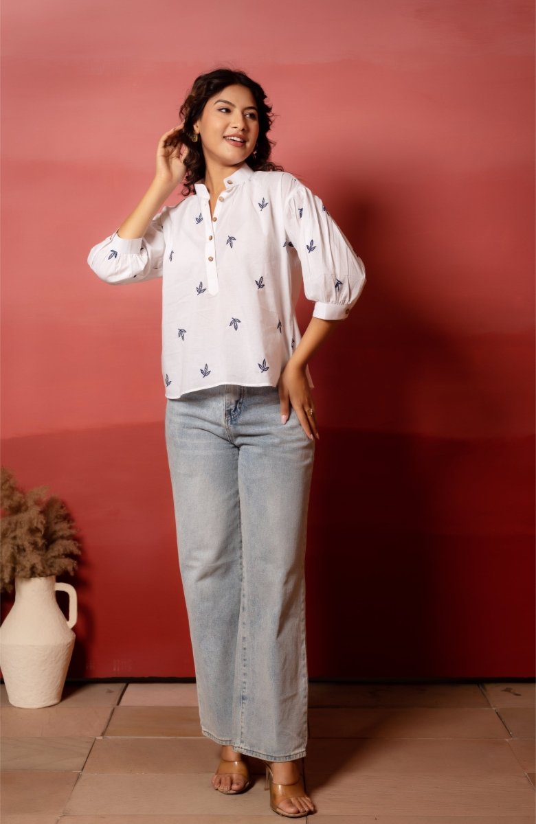 RANG MALHAR BANDHEJ WHITE BLUE EMBROIDERY TOP - Pomcha Jaipur